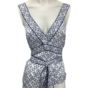 Proenza Schouler Kimono Tie Tank 100% Silk V-Neck Camisole Bow White Navy L Prep